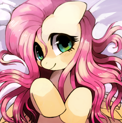 Size: 584x587 | Tagged: safe, artist:suikuzu, edit, fluttershy, pegasus, pony, bed, body pillow, body pillow design, cute, daaaaaaaaaaaw, female, looking at you, mare, on back, shyabetes, smiling, solo