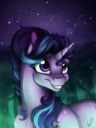 Size: 3000x4000 | Tagged: safe, artist:lupiarts, starlight glimmer, pony, unicorn, cute, eye reflection, forest, grin, night, sky, smiling, solo, stars