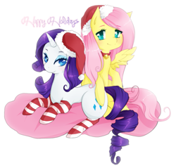 Size: 1049x1004 | Tagged: safe, artist:cyahna, fluttershy, rarity, pegasus, pony, unicorn, clothes, female, flarity, hat, lesbian, santa hat, shipping, stockings