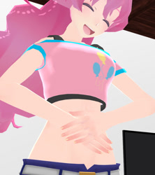 Size: 843x948 | Tagged: safe, artist:cartoonvoremmd, pinkie pie, human, 3d, anime, fetish, giggling, humanized, midriff, mmd, open mouth, pinkie pred, ponk, rwby, smiling, solo, source in the description, vore