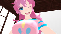 Size: 1024x576 | Tagged: safe, artist:cartoonvoremmd, pinkie pie, human, 3d, clothes, fetish, happy, humanized, mmd, one eye closed, open mouth, pinkie pred, ponk, pov, rwby, smiling, vore, wink