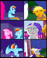 Size: 827x1025 | Tagged: safe, artist:metal-kitty, applejack, pinkie pie, rainbow dash, rarity, earth pony, pegasus, pony, unicorn, comic:mlp project, comic, crying, hug, sad