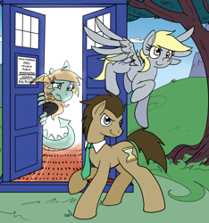 Size: 1000x1070 | Tagged: safe, artist:reiduran, derpy hooves, doctor whooves, oc, dragon, pegasus, pony, corey powell, doctor who, female, mare, tardis