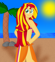 Size: 900x1021 | Tagged: safe, artist:cyber-murph, sunset shimmer, equestria girls, beach, bikini, clothes, looking at you, looking back, palm tree, sarong, small head, solo, swimsuit, tree