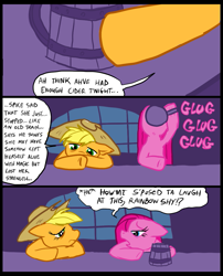 Size: 827x1025 | Tagged: safe, artist:metal-kitty, applejack, pinkie pie, earth pony, pony, comic:mlp project, cider, comic, drunk, drunk aj, drunkie pie, pinkamena diane pie