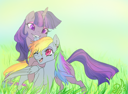 Size: 1080x800 | Tagged: safe, artist:candasaurus, derpibooru import, rainbow dash, twilight sparkle, pegasus, pony, ear bite, female, grass, lesbian, mare, multicolored hair, one eye closed, shipping, twidash