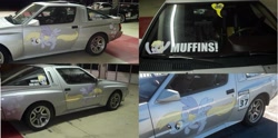 Size: 2050x1016 | Tagged: safe, derpy hooves, pegasus, pony, brony, car, custom, decal, drift, female, irl, itasha, mare, meta, mitsubishi, mitsubishi starion, photo