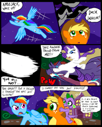 Size: 827x1025 | Tagged: safe, artist:metal-kitty, applejack, rainbow dash, rarity, spike, oc, dragon, earth pony, pegasus, pony, unicorn, comic:mlp project, comic, traumatized