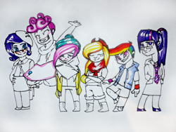 Size: 1564x1173 | Tagged: safe, artist:ehherinn, derpibooru import, applejack, fluttershy, pinkie pie, rainbow dash, rarity, twilight sparkle, human, black and white, chibi, clothes, glasses, grayscale, humanized, jumping, mane six, monochrome, necktie, neo noir, partial color, scarf, wristband