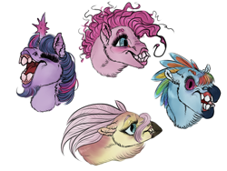 Size: 1280x960 | Tagged: safe, artist:nekokote, derpibooru import, fluttershy, pinkie pie, rainbow dash, twilight sparkle, earth pony, pegasus, pony, alternate design, beak, beard, facial hair, feather, not sure if safe or grotesque, teeth