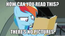 Size: 600x337 | Tagged: safe, derpibooru import, edit, edited screencap, screencap, rainbow dash, pegasus, pony, daring done?, beauty and the beast, dialogue, illiteracy, image macro, meme