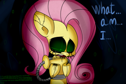 Size: 998x663 | Tagged: safe, artist:extradan, fluttershy, pegasus, pony, robot, robot pony, bust, crying, flutterbot, identity crisis, looking down, monologue, open mouth, portrait, solo