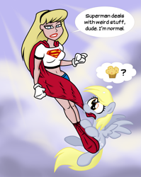 Size: 1255x1575 | Tagged: safe, artist:epulson, derpy hooves, pegasus, pony, crossover, dc comics, female, mare, muffin, supergirl, that pony sure does love muffins