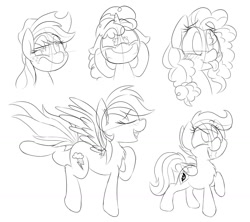 Size: 1280x1138 | Tagged: safe, artist:fakskis, derpibooru import, applejack, party favor, pear butter, rainbow dash, scootaloo, earth pony, pegasus, pony, blushing, chest fluff, freckles, monochrome, open mouth, raised eyebrow, singing, sketch, sketch dump, tongue out
