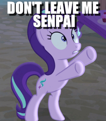 Size: 390x444 | Tagged: safe, edit, edited screencap, screencap, starlight glimmer, pony, unicorn, to where and back again, cropped, image macro, meme, senpai, solo, worried