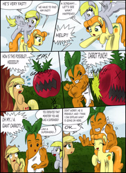 Size: 2550x3506 | Tagged: safe, artist:ciriliko, applejack, carrot top, derpy hooves, golden harvest, earth pony, pegasus, pony, carrot, comic, creeper, female, food, mare, zas