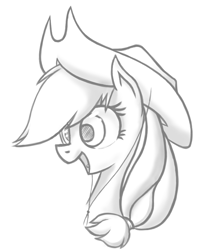 Size: 755x939 | Tagged: dead source, safe, artist:ruby-hooves, applejack, earth pony, pony, g4, bust, grayscale, monochrome, portrait, profile, simple background, solo