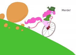 Size: 2338x1700 | Tagged: safe, artist:exoteeque, pinkie pie, earth pony, pony, semi-anthro, bicycle, french, hat, penny-farthing, rock, solo, vulgar, wat