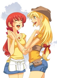 Size: 536x729 | Tagged: safe, artist:zoe-productions, apple bloom, applejack, humanized, older