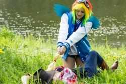 Size: 1280x853 | Tagged: safe, artist:vylka, derpibooru import, applejack, rainbow dash, human, clothes, cosplay, goggles, grass, irl, irl human, jacket, jeans, on back, photo, ponies grabbing other ponies, pulling, resting, shorts, water