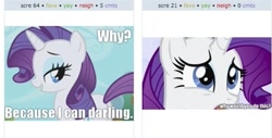 Size: 551x281 | Tagged: safe, rarity, pony, unicorn, exploitable meme, female, horn, juxtaposition, juxtaposition win, mare, solo