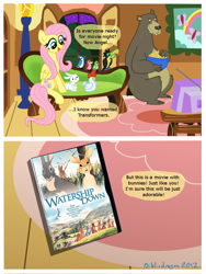 Size: 818x1089 | Tagged: safe, artist:bibliodragon, angel bunny, fluttershy, harry, bird, blue jay, keel-billed toucan, pegasus, pony, toucan, comic, popcorn, this will end in tears, transformers, watership down