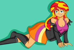 Size: 1280x869 | Tagged: safe, artist:fairiegirl101, sunset shimmer, equestria girls, rainbow rocks, cleavage, clothes, female, humanized, looking at you, missing shoes, solo, stockings