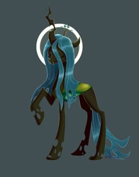 Size: 761x969 | Tagged: safe, artist:dumddeer, queen chrysalis, changeling, changeling queen, female, gray background, halo, horn, raised hoof, simple background, solo