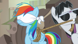 Size: 1280x720 | Tagged: safe, derpibooru import, screencap, rainbow dash, withers, pegasus, pony, daring done?, blindfold, henchmen, rainbond dash, somnambula (location), tied up