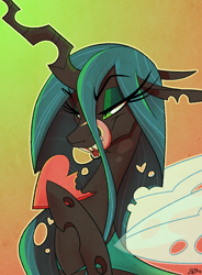 Size: 1000x1360 | Tagged: safe, artist:probablyfakeblonde, queen chrysalis, changeling, changeling queen, bedroom eyes, eating, eyeshadow, fangs, female, green eyes, heart, holes, licking, licking lips, makeup, solo, tongue out, wings