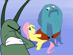 Size: 1077x816 | Tagged: safe, artist:flint2m90, fluttershy, pegasus, pony, assertive, crossover, insertive, sheldon j. plankton, spongebob squarepants, walking small