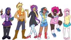 Size: 1309x742 | Tagged: safe, artist:chimaerok, derpibooru import, applejack, fluttershy, pinkie pie, rainbow dash, rarity, twilight sparkle, human, abs, beanie, belt, beret, clothes, converse, front knot midriff, glasses, hat, high heels, humanized, line-up, mane six, midriff, overalls, shoes, skirt, suspenders, sweater, sweatershy