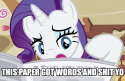 Size: 877x570 | Tagged: safe, rarity, pony, unicorn, female, horn, image macro, mare, newspaper, solo, vulgar