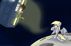 Size: 2605x1700 | Tagged: safe, artist:tixolseyerk, derpy hooves, doctor whooves, pegasus, pony, crying, doctor who, female, mare, moon, sad, space, tardis