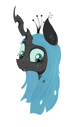 Size: 1752x3193 | Tagged: safe, artist:paskanaakka, derpibooru exclusive, queen chrysalis, changeling, changeling queen, bust, ear fluff, fangs, female, freckles, portrait, simple background, smiling, solo, transparent background