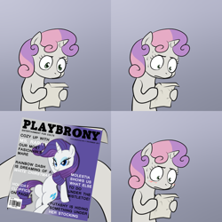 Size: 1500x1500 | Tagged: safe, rarity, sweetie belle, pony, unicorn, bipedal, blushing, exploitable meme, female, filly, gradient background, hoof hold, horn, letter, magazine, meme, paper, playbrony, solo, sweetie's note meme, two toned hair, white coat