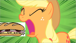 Size: 951x536 | Tagged: safe, edit, applejack, earth pony, pony, blonde mane, female, mare, orange coat, sandwich, solo