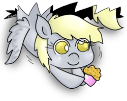 Size: 400x316 | Tagged: safe, artist:pian-no, derpy hooves, pegasus, pony, ceiling pony, female, lowres, mare, muffin, simple background, small, transparent background