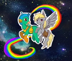 Size: 753x637 | Tagged: safe, derpy hooves, oc, pegasus, pony, female, mare, parry gripp, rainbow, saddle bag, space, space unicorn, wat