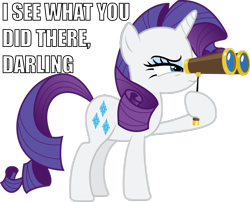 Size: 990x800 | Tagged: safe, artist:vladimirmacholzraum, rarity, pony, unicorn, darling, female, hoof hold, i see what you did there, image macro, impact font, mare, meme, opera glasses, reaction image, simple background, solo, transparent background