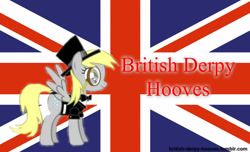 Size: 1024x622 | Tagged: safe, derpy hooves, pegasus, pony, britain, british, female, flag, hat, mare, monocle, quite, top hat, union jack, wallpaper