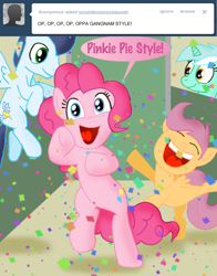 Size: 1192x1518 | Tagged: safe, artist:ajmstudios, lyra heartstrings, pinkie pie, scootaloo, soarin', earth pony, pony, dancing, gangnam style, pinkie pie style, tumblr