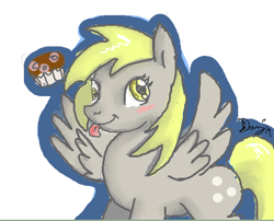 Size: 412x333 | Tagged: safe, artist:danigrillo, derpy hooves, pegasus, pony, female, mare, muffin, solo, tongue out