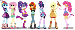 Size: 6084x2460 | Tagged: safe, artist:asika-aida, applejack, fluttershy, pinkie pie, rainbow dash, rarity, sunset shimmer, twilight sparkle, twilight sparkle (alicorn), alicorn, equestria girls, friendship through the ages, rainbow rocks, alternate mane seven, bare shoulders, country applejack, folk fluttershy, humane seven, mane six, new wave pinkie, rainbow punk, sgt. rarity, sleeveless, strapless