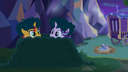 Size: 1920x1080 | Tagged: safe, artist:vesdew, edit, edited screencap, screencap, starlight glimmer, sunset shimmer, pony, to where and back again, bush, cute, peeking, trixie's wagon, vector