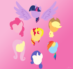 Size: 3744x3556 | Tagged: safe, artist:oinktweetstudios, applejack, fluttershy, pinkie pie, rainbow dash, rarity, sunset shimmer, twilight sparkle, twilight sparkle (alicorn), alicorn, earth pony, pegasus, pony, unicorn, alternate mane seven, female, lineless, mane six, mare