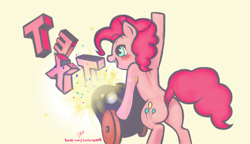 Size: 2090x1200 | Tagged: safe, artist:goblln, pinkie pie, earth pony, pony, blushing, butt, confetti, female, mare, party cannon, plot, text, wat