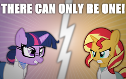 Size: 1024x640 | Tagged: safe, artist:christophr1, sci-twi, sunset shimmer, twilight sparkle, pony, unicorn, equestria girls, friendship games, the science of magic, angry, clothes, equestria girls ponified, glasses, lab coat, ponified, rivalry, science, scientist, sunset the science gal, text, there can be only one, this will end in science, wallpaper