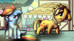 Size: 1024x576 | Tagged: safe, artist:starlight-1234, derpibooru import, applejack, rainbow dash, earth pony, pegasus, pony, bound wings, cuffs