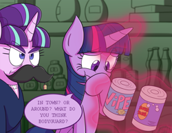 Size: 1920x1484 | Tagged: safe, artist:zanefir-dran, starlight glimmer, twilight sparkle, twilight sparkle (alicorn), alicorn, pony, unicorn, dialogue, disguise, fake moustache, female, levitation, magic, mare, parody, speech bubble, spongebob meets the strangler, spongebob squarepants, starlight stalker, telekinesis